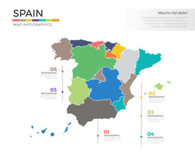  Spain country map infographic colored vector template with regions and pointer marks