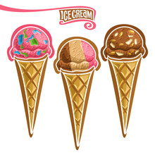 Vector Set Of Ice Cream In Waffle Cone: 3 Wafer Cones Vibrant Pink Colors Bubble Gum Ice Cream, Cold Italian Neapolitan Gelato Dessert, Chocolate Almond Ice Cream Ball In Waffle, Rocky Road With Nuts.