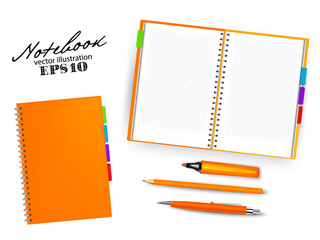 Blank orange open and closed copybook template with Pen, pencil and permanent marker.Set of vector illustration stationery isolated on white background.
