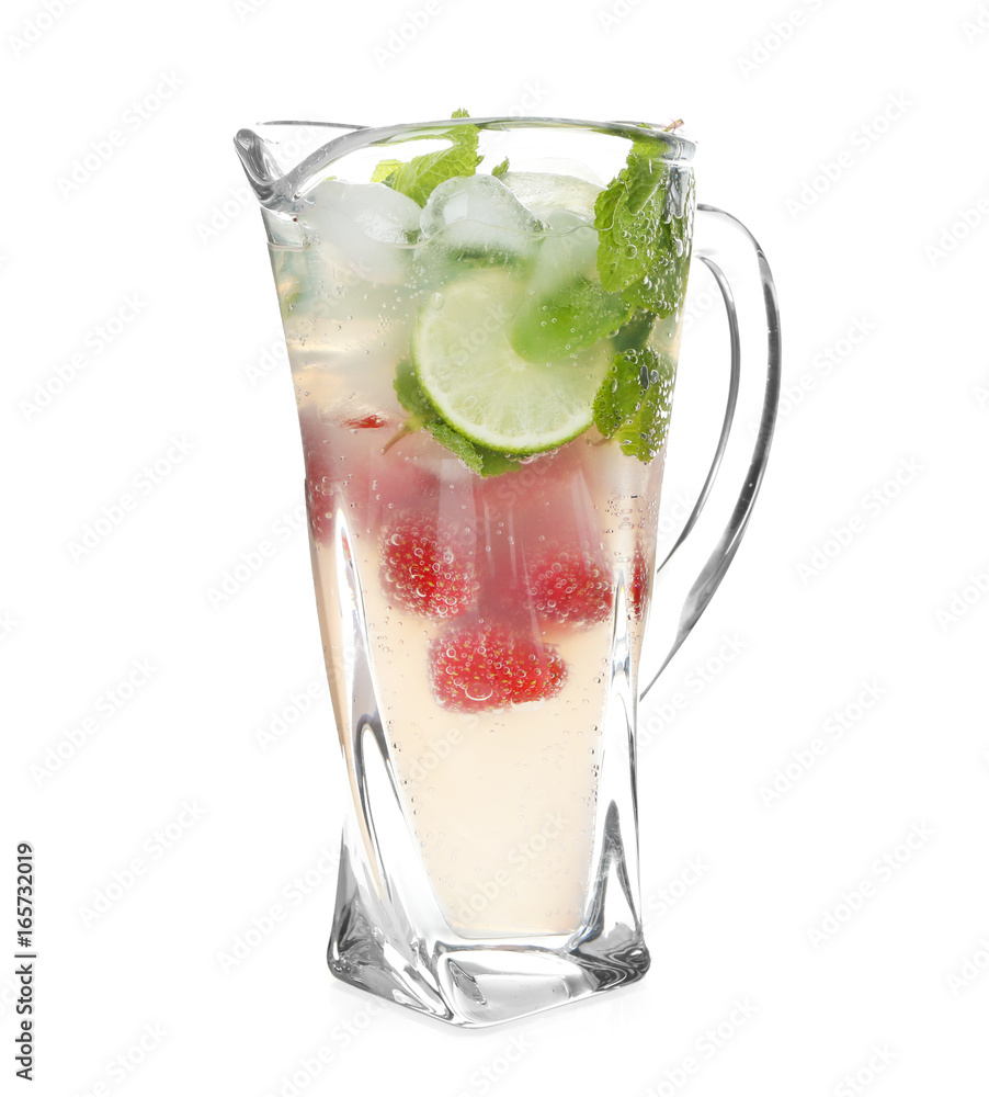 Glass jug with tasty strawberry lemonade on white background