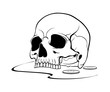 Black graphic drawing of the upper part of the human skull without the lower jaw with coins. Vector, isolated on background.