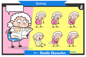 Wall Mural - Cartoon Old Lady Face Expressions and Poses Vector Set