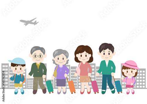家族 旅行 イラスト 飛行機とビル群 Stock Vector Adobe Stock