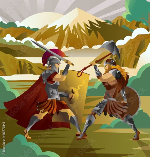 Fotografía roman legionary soldier fighting german barbarian in mountain forest
