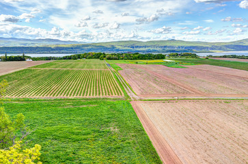 Wall Mural - Aerial cityscape landscape view of farmland in Ile D'Orleans, Quebec, Canada