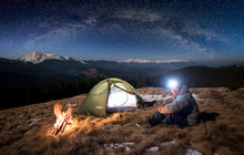 Male Tourist Have A Rest In His Camp At Night. Man With Lighting Headlamp Sitting Near Campfire And Tent, Looking To The Camera Under Beautiful Sky Full Of Stars And Milky Way