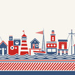 Cartoon Seamless Border in Nautical Style with Coastal Buildings, Boat and Abstract Waves