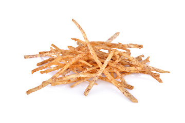 pile of fried taro stick with white sesame on white background