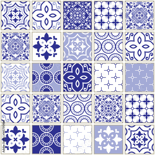 Naklejka na szybę Veector navy blue tiles pattern, Azulejo - Portuguese seamless tile design, ceramics set