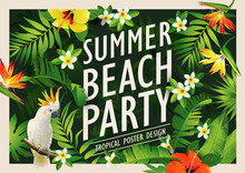 Summer Beach Party Poster Design Template With Palm Trees, Banner Tropical Background. Vector Illustration. 