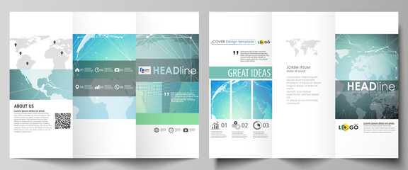 The minimalistic abstract vector illustration of editable layout of two creative tri-fold brochure covers design business templates. Chemistry pattern, molecule structure, geometric design background.
