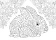 Coloring page. Rabbit from wonderland and rose flowers. Freehand sketch drawing for adult antistress colouring book in zentangle style.