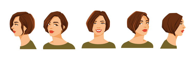 Wall Mural - Vector illustration of woman's face on white background. Various turns heads. Face in side view, front view and half-turn. Women with sheaf hairstyle