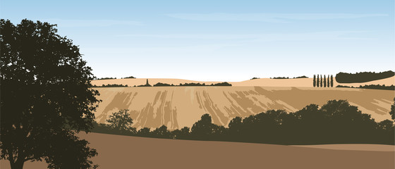 Poster - Realistic vector illustration of a hilly landscape with a field and trees under a blue sky with clouds, layered