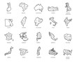 Set of 20 maps in linear style of different countries - England, America, Asia, Europe. Outline isolated icon for atlas, cartography, education projects, article, travel sites and other design needs