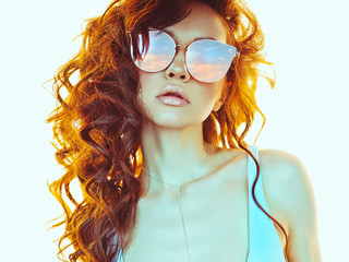 Sticker - Beautiful  woman in pink-blue sunglasses