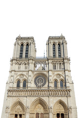 Notre Dame de Paris central main facade, national monument cathedral of France. French Gothic architecture. isolated on white background and copy space.