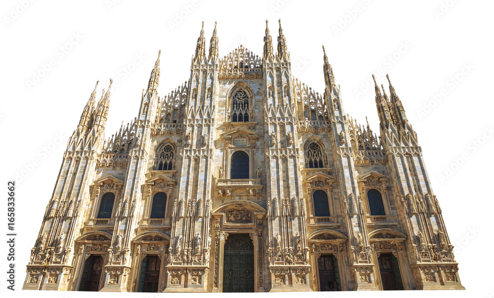 front side of Gothic cathedral in Piazza Duomo of Famous Milan Dome in Italy isolated on white background and copy space. Fashion capital Milano, popular landmark and city icon. - obrazy, fototapety, plakaty 