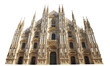 front side of Gothic cathedral in Piazza Duomo of Famous Milan Dome in Italy isolated on white background and copy space. Fashion capital Milano, popular landmark and city icon.