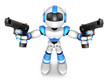 3D Blue Robot Mascot holding a Automatic pistol with both hands. Create 3D Humanoid Robot Series.