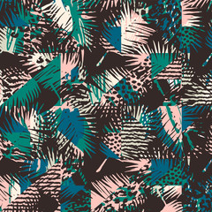  Trendy seamless exotic pattern with palm, animal print and hand drawn textures.