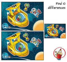 A Space Traveler With A Suitcase Catches A Taxi. Find 10 Differences. Educational Game For Children. Cartoon Vector Illustration