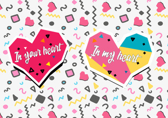 Hand Drawn Memphis colourful hearts on pattern background