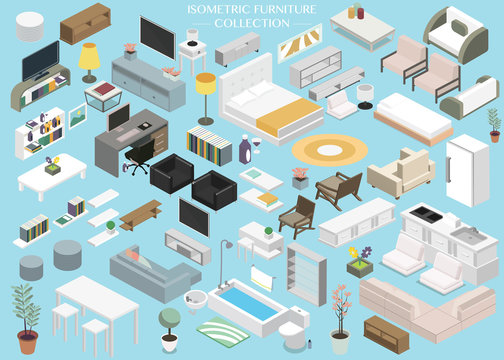 Wall Mural -  - Isometric furniture floor plan collection set