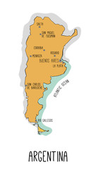 Poster - vector hand drawn map of argentina with main cities. each element on a different layer. cartoon styl