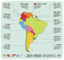  South america hand drawn vector infographic map with flags