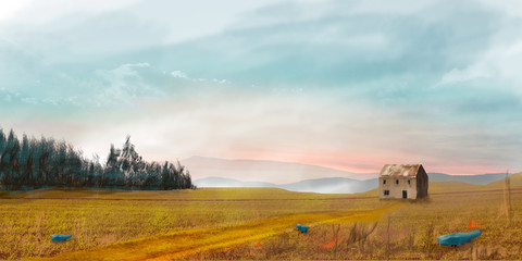 Canvas Print - Sci-fi landscape with house, trees and sky, digital painting