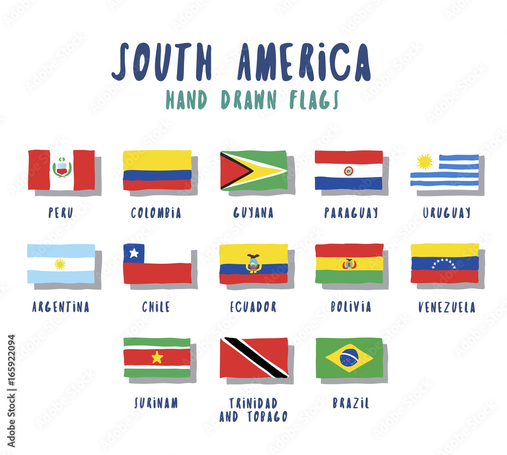 Set of flags of South American countries. Vector hand drawn illustrations, cartoon style