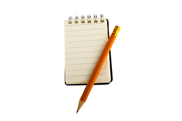 Notebook and pencil on a white background