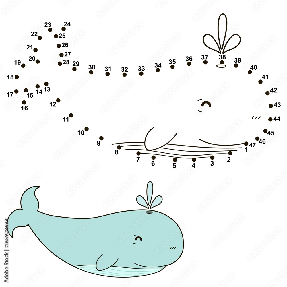 Connect the dots to draw a cute whale and color it. Educational numbers ...