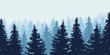 Fototapeta Las - Blue realistic vector illustration of forest in winter under blue sky, layered