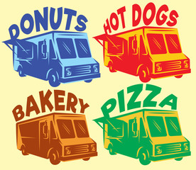 Wall Mural - vector set of colored foodtrucks with different inscriptions