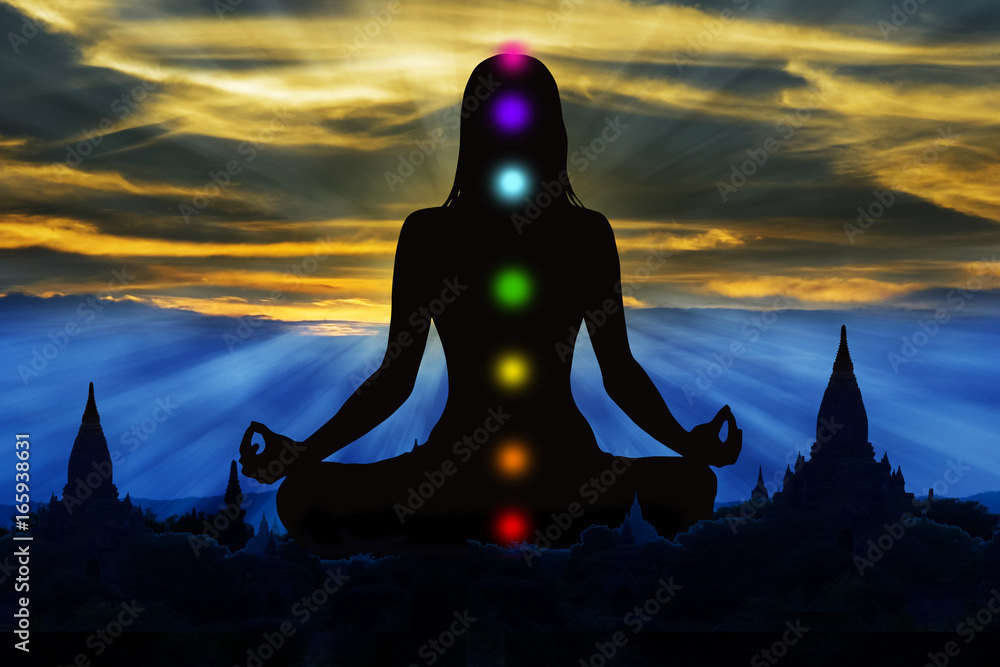 Silhouette of woman with seven chakra points - obrazy, fototapety, plakaty 
