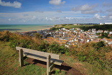 General View Of Hastings Old Town From East Hill With A Wooden Bench In The Foreground, Hastings, UK