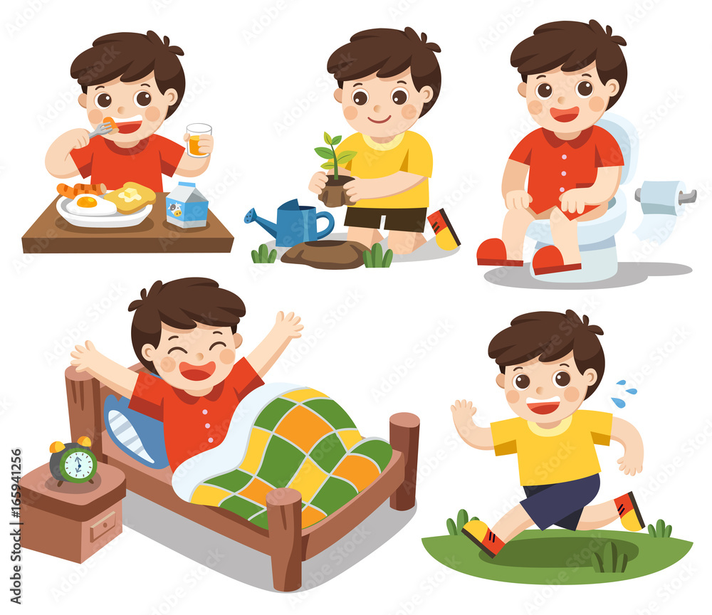 The daily routine of a cute boy on a white background. [wake up, eat ...