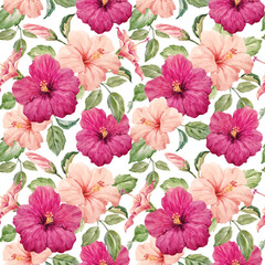 Canvas Print - Watercolor tropical hibiscus vector pattern