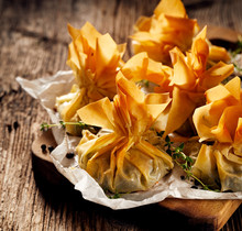 Filo Pastry Stuffed With Spinach And Feta Cheese,  Delicious Vegetarian Phyllo Purses