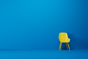 blue empty room, yellow chair