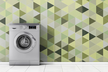 Poster - Modern Metalic Washing Machine in front of Olive Green Geometric Tiles. 3d Rendering