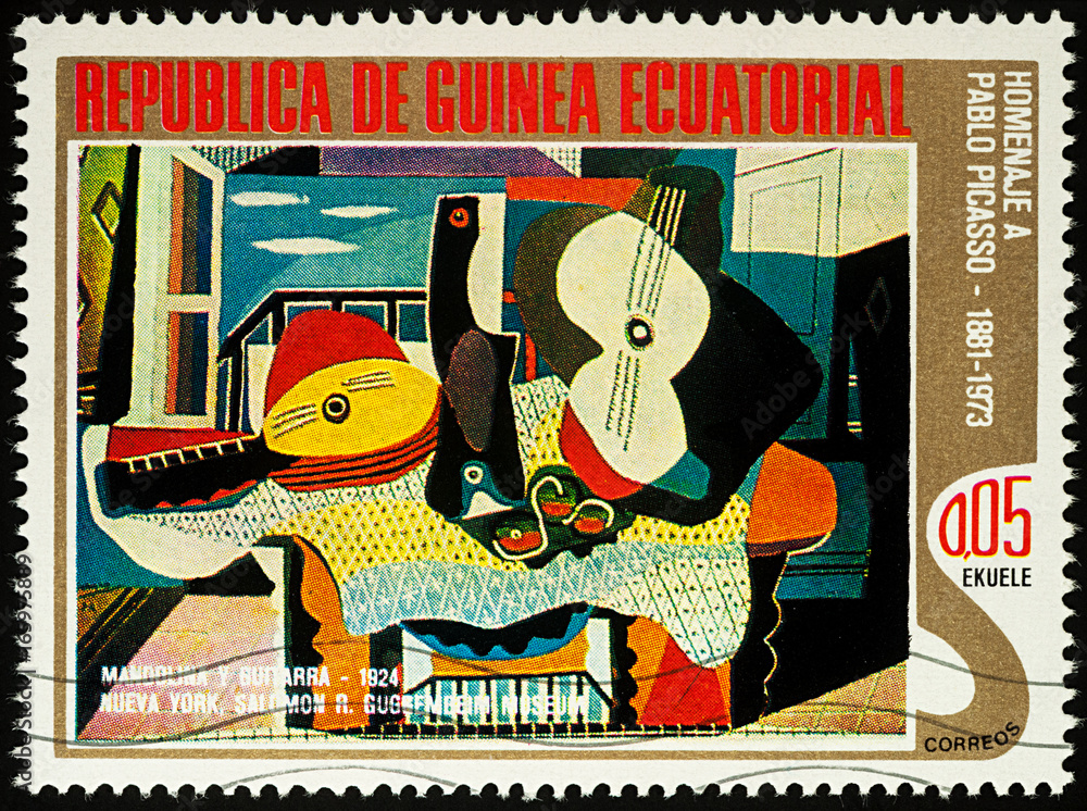 Painting Mandolin and guitar by Picasso on postage stamp - obrazy, fototapety, plakaty 