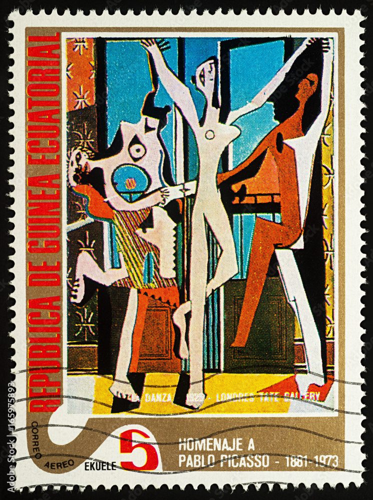 Painting Dancer by Picasso on postage stamp - obrazy, fototapety, plakaty 