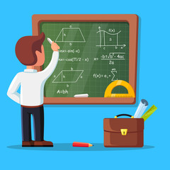 Young male teacher on lesson at blackboard in classroom. School tutor writing math formulas on chalkboard. Briefcase, ruler isolated on background. Education, teaching concept Vector flat illustration