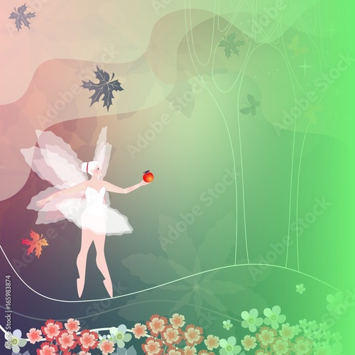 Obraz na płótnie Wróżka - baleriny z czerwonym jabłkiem w las lato. Piękna kartka, projekt opakowania, serwetka.