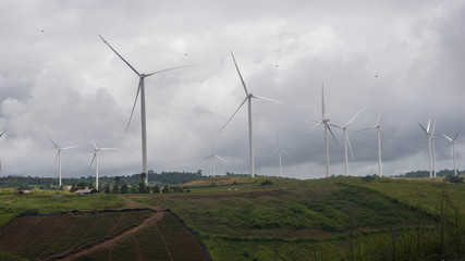 Wind turbine farm on storm day