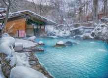 Shirahone Onsen White Bone Hot Spring With Fog And Snow In Autumn, Japan