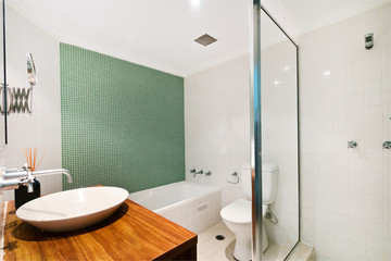 Wall Mural - A modern bathroom with a shower area and a bathtub including a wall mirror